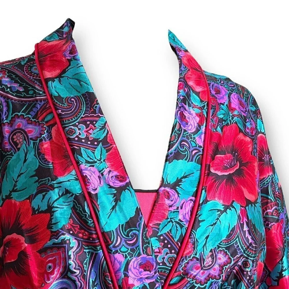 Vintage 1980s Lorraine Robe Nightgown Peignoir Set S M Red Purple Floral Paisley